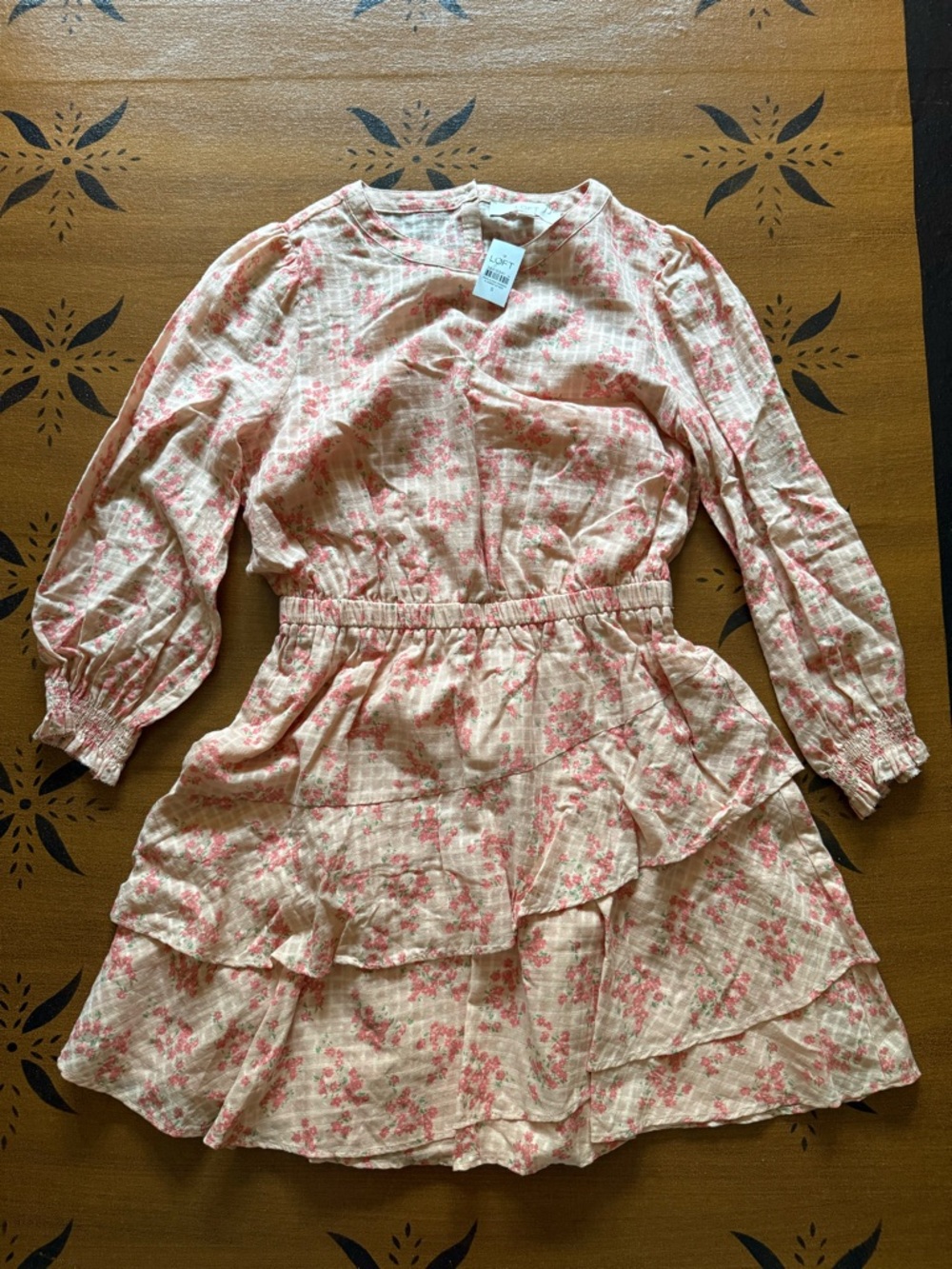 LOFT Coral Pink Floral Tiered Long-Sleeve Dress Size S